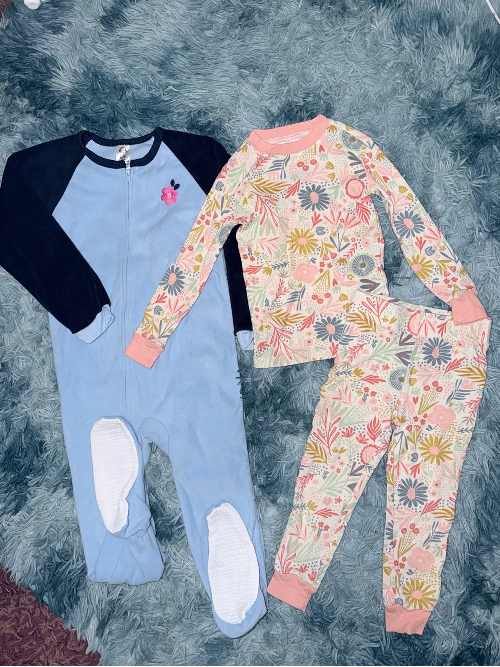 4/5T Girls PJ Bundle, Floral Pajama Set & Blue Footed One-Piece Sleepwear
